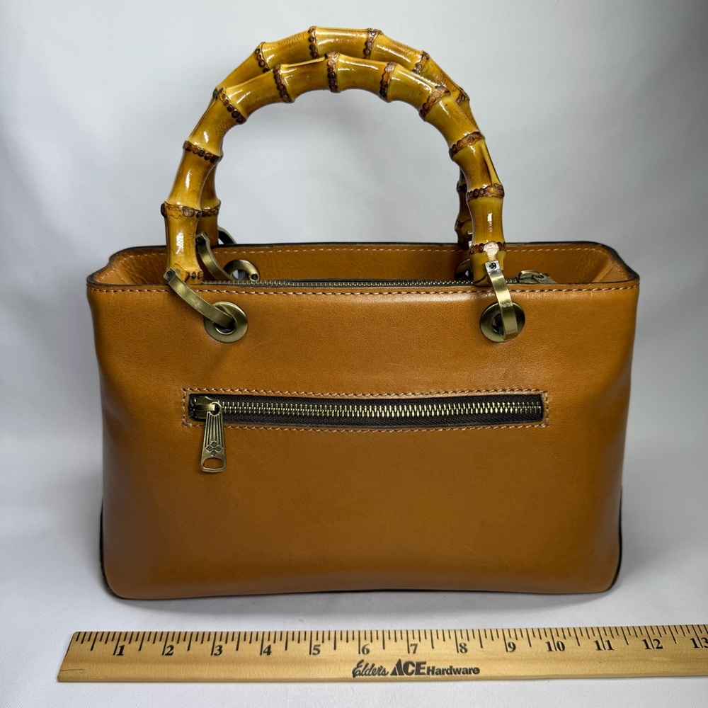 Patricia Nash Leather Satchel Bamboo Top Double Handles Firm Cognac Brown SEE - Picture 4 of 16